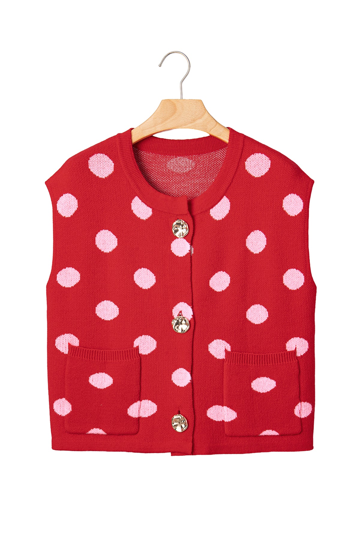 Red Polka Dot Sleeveless Knit Button Drop Shoulder Sweater Vest