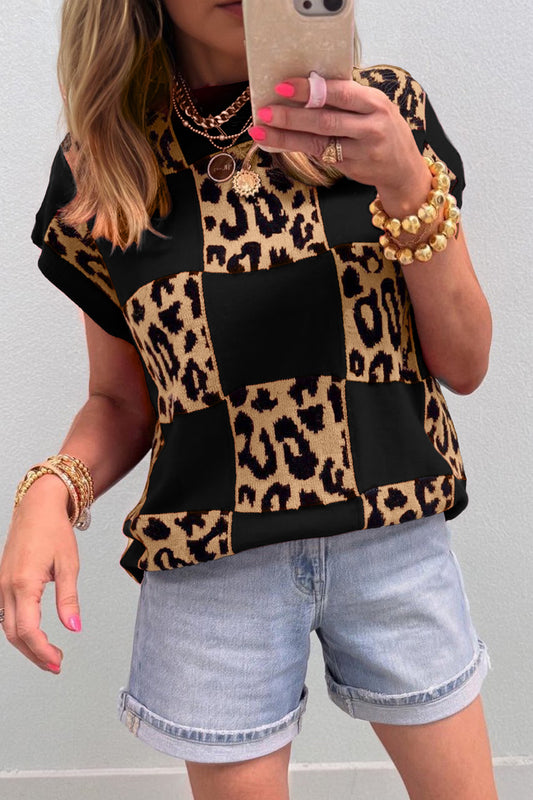 Black Leopard Checkerboard Short Sleeve Knit Sweater
