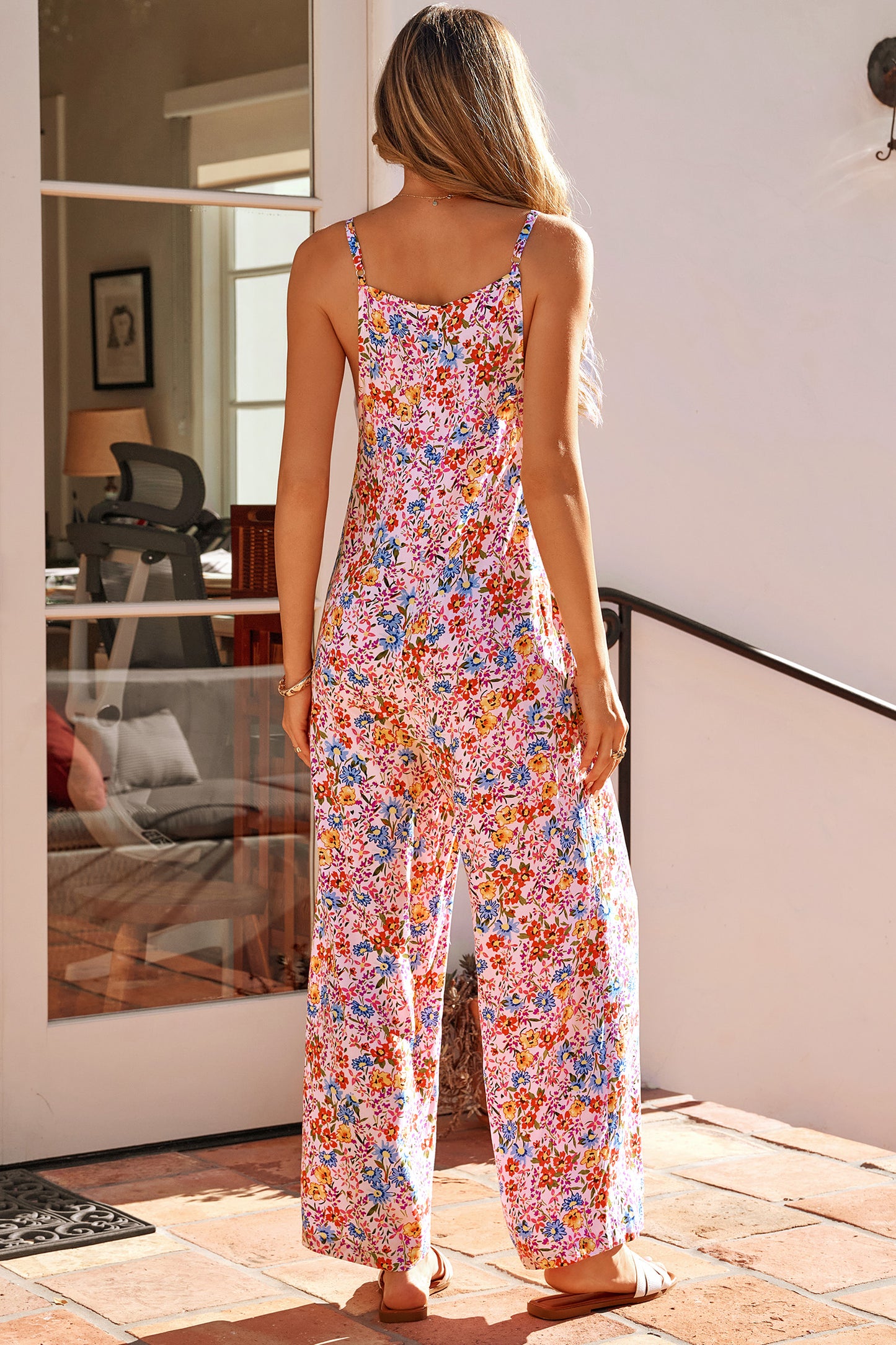 Khaki Floral Print Spaghetti Straps Loose Pocketed Jumpsuit