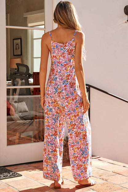 Khaki Floral Print Spaghetti Straps Loose Pocketed Jumpsuit