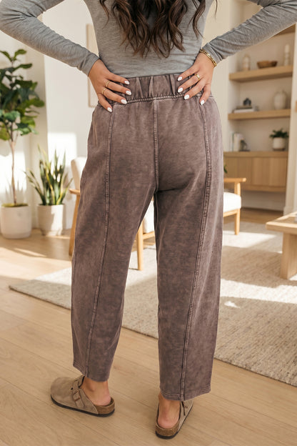 Coffee Mineral Wash Seam Detail Elastic Waist Barrel Pants