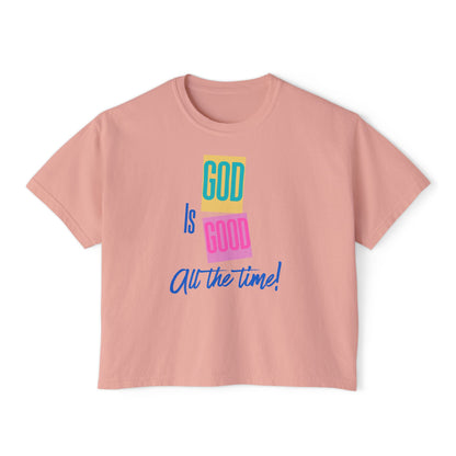 Women’s Boxy Tee — "God Is Good All the Time" Colorblock Faith Graphic