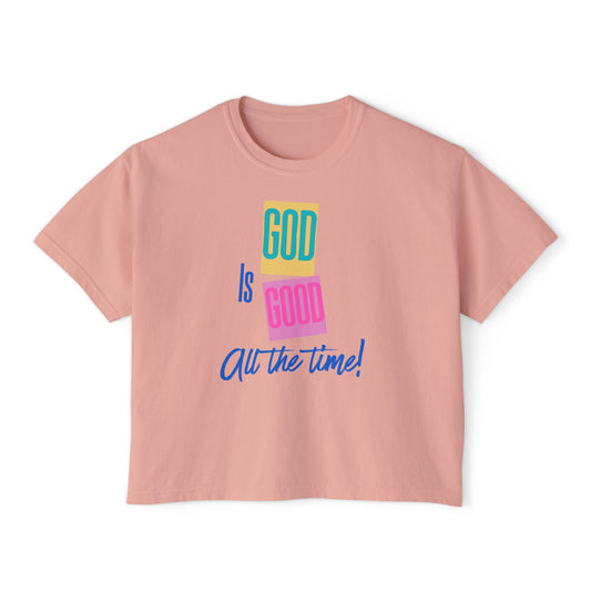 Women’s Boxy Tee — "God Is Good All the Time" Colorblock Faith Graphic