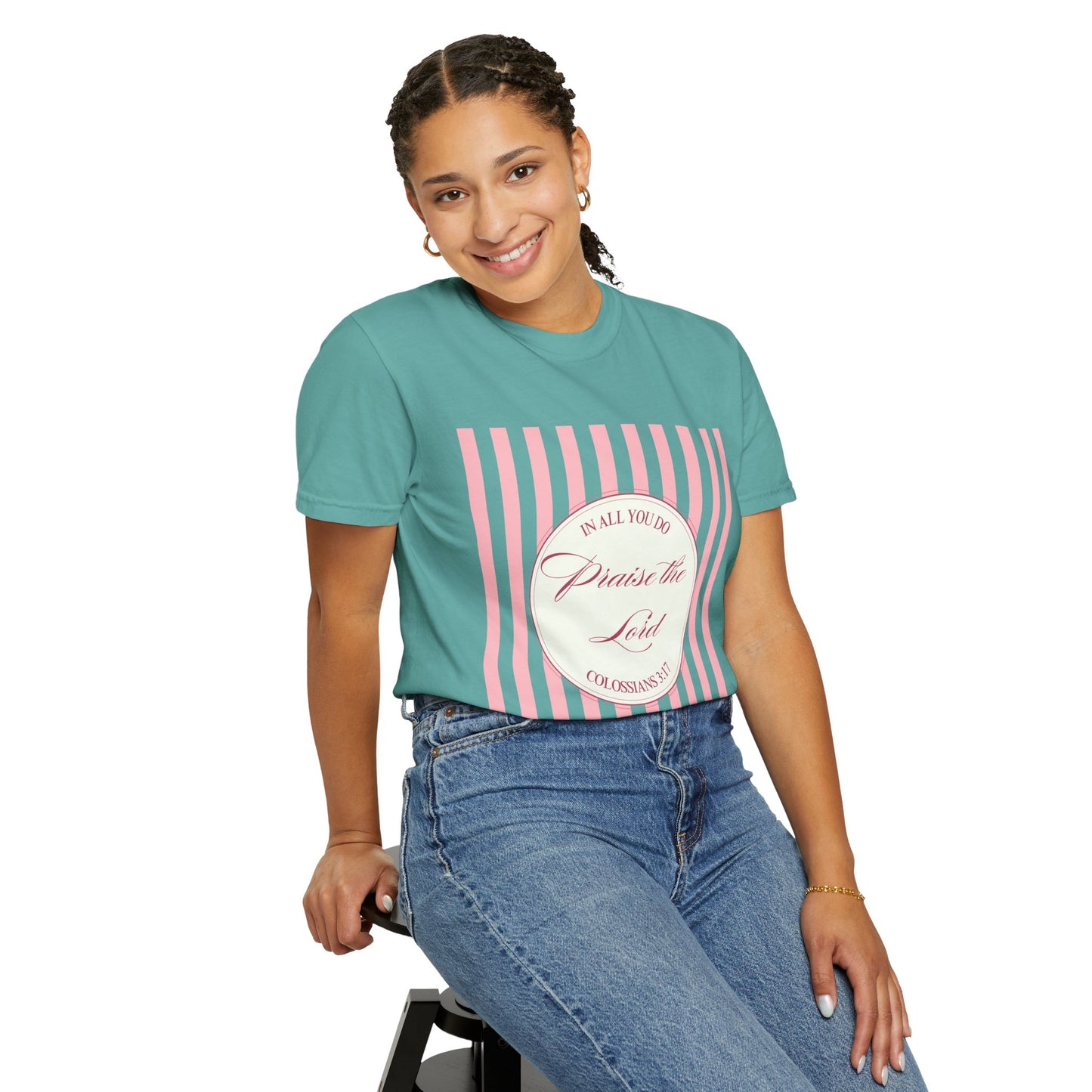 Praise the Lord T-Shirt — Pink Striped Christian Faith Tee (Colossians 3:17)