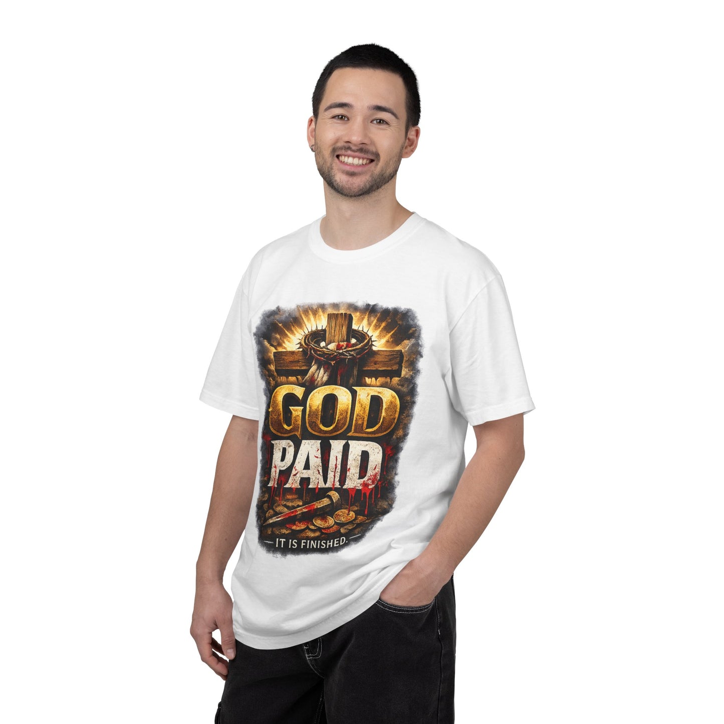 Christian T-Shirt "God Paid — It Is Finished" | Cross & Resurrection Faith Tee