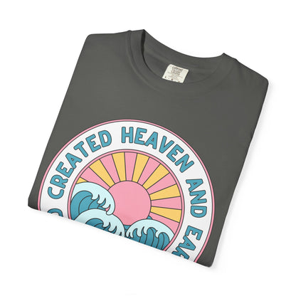 Faith Sunrise T-Shirt — "God Created Heaven and Earth" Retro Wave Tee