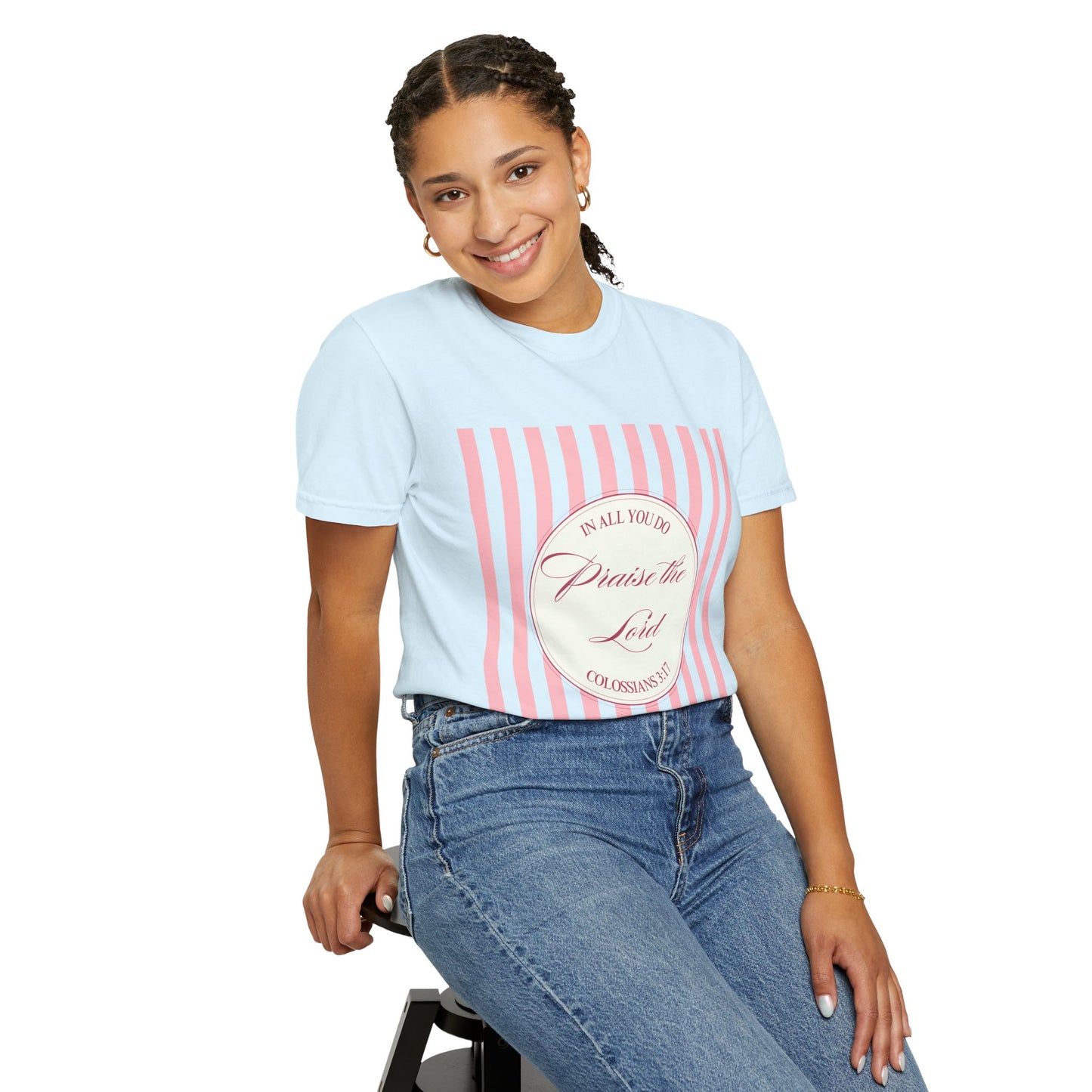 Praise the Lord T-Shirt — Pink Striped Christian Faith Tee (Colossians 3:17)