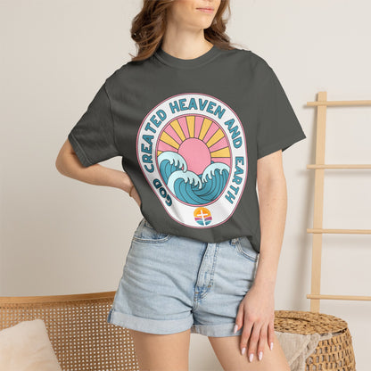 Faith Sunrise T-Shirt — "God Created Heaven and Earth" Retro Wave Tee
