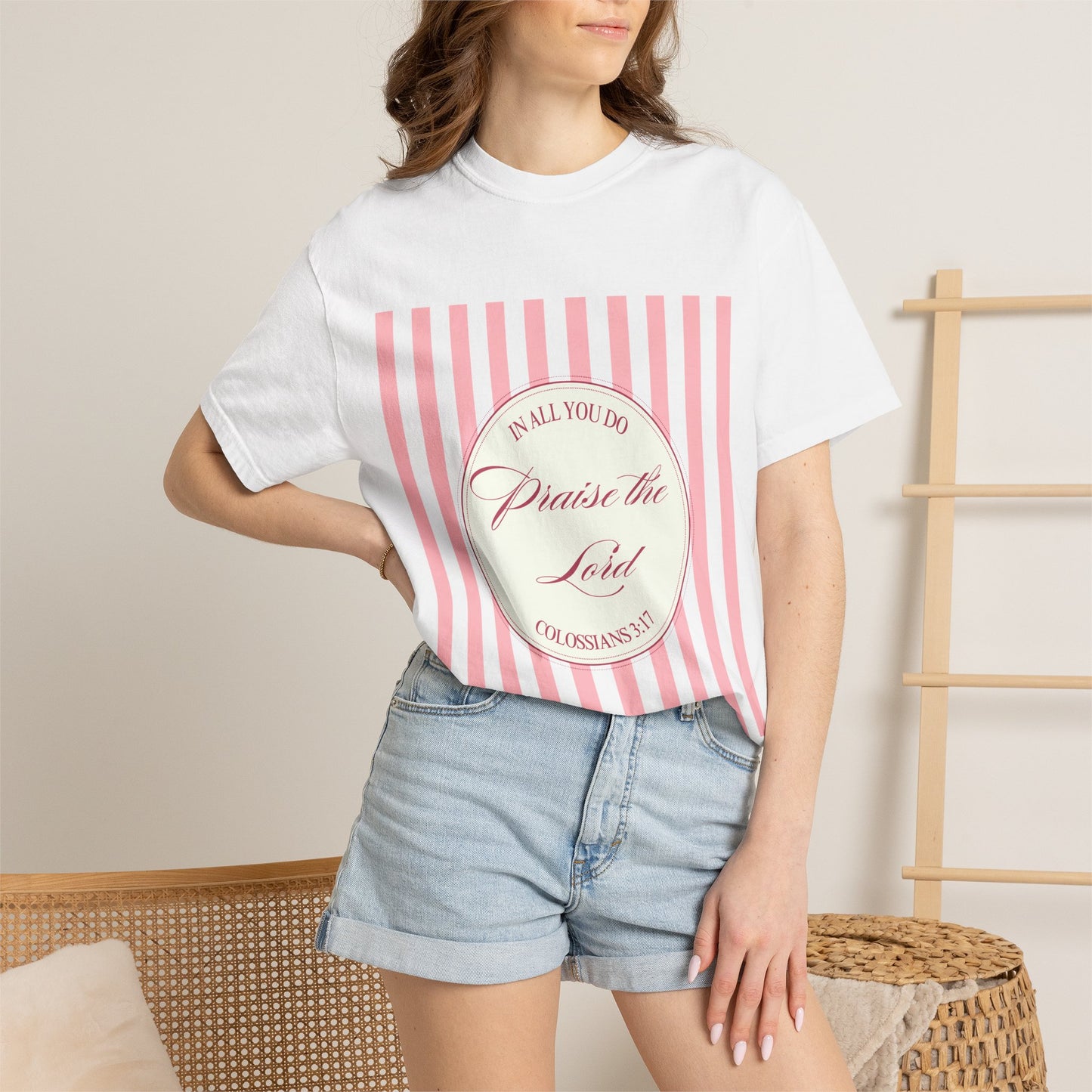 Praise the Lord T-Shirt — Pink Striped Christian Faith Tee (Colossians 3:17)