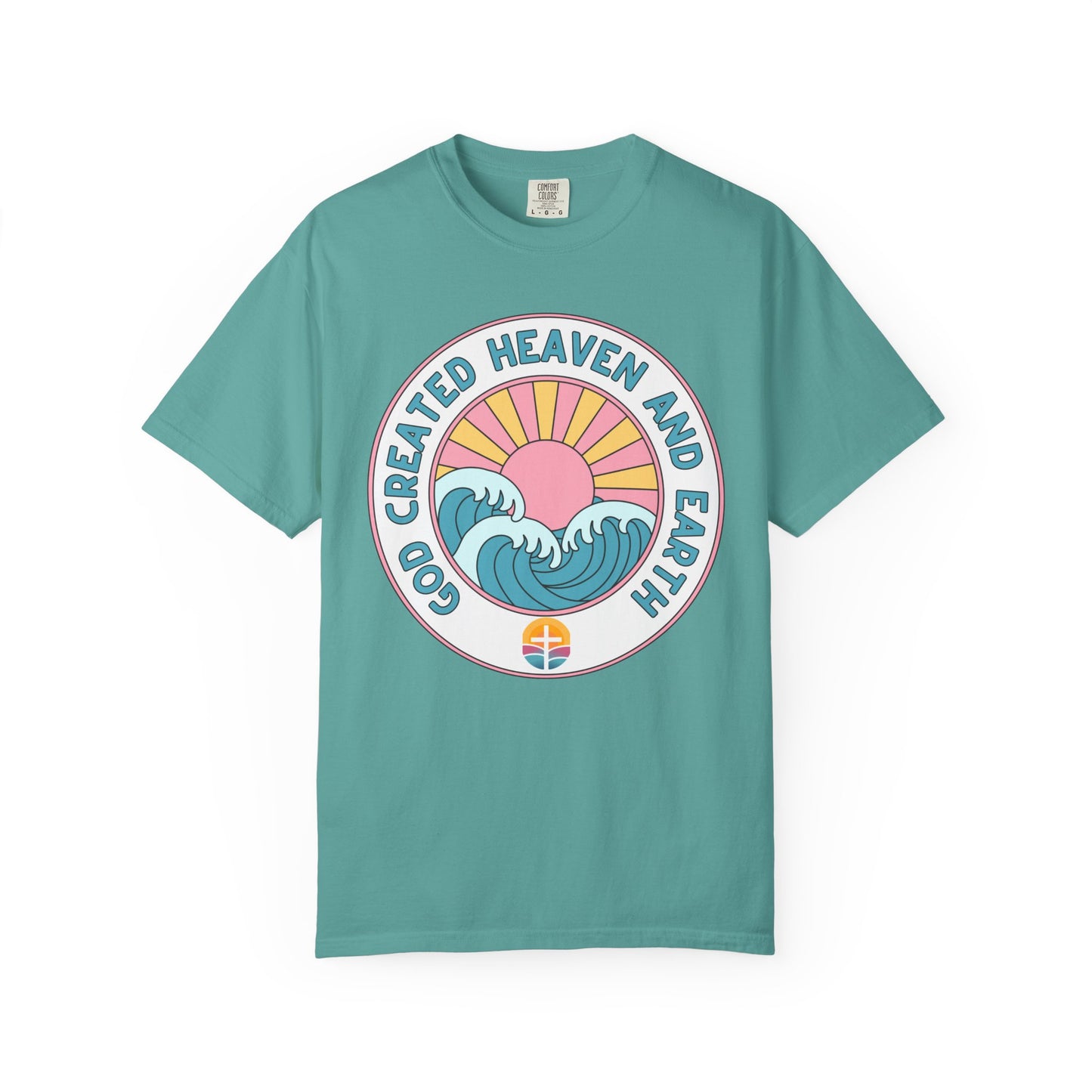 Faith Sunrise T-Shirt — "God Created Heaven and Earth" Retro Wave Tee