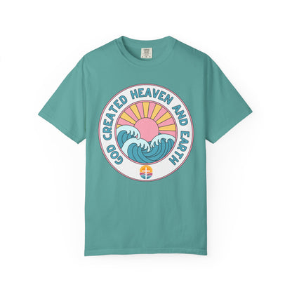 Faith Sunrise T-Shirt — "God Created Heaven and Earth" Retro Wave Tee