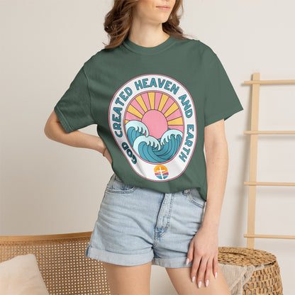 Faith Sunrise T-Shirt — "God Created Heaven and Earth" Retro Wave Tee