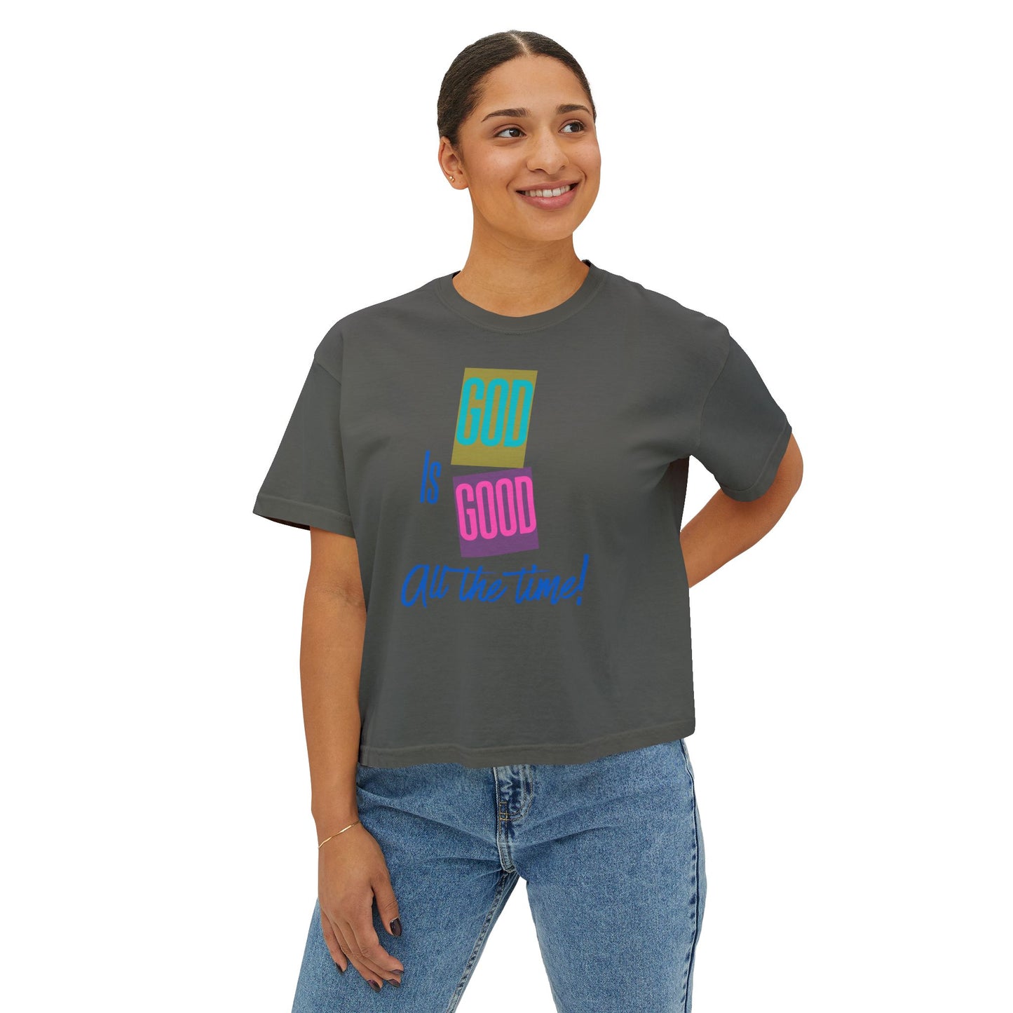 Women’s Boxy Tee — "God Is Good All the Time" Colorblock Faith Graphic