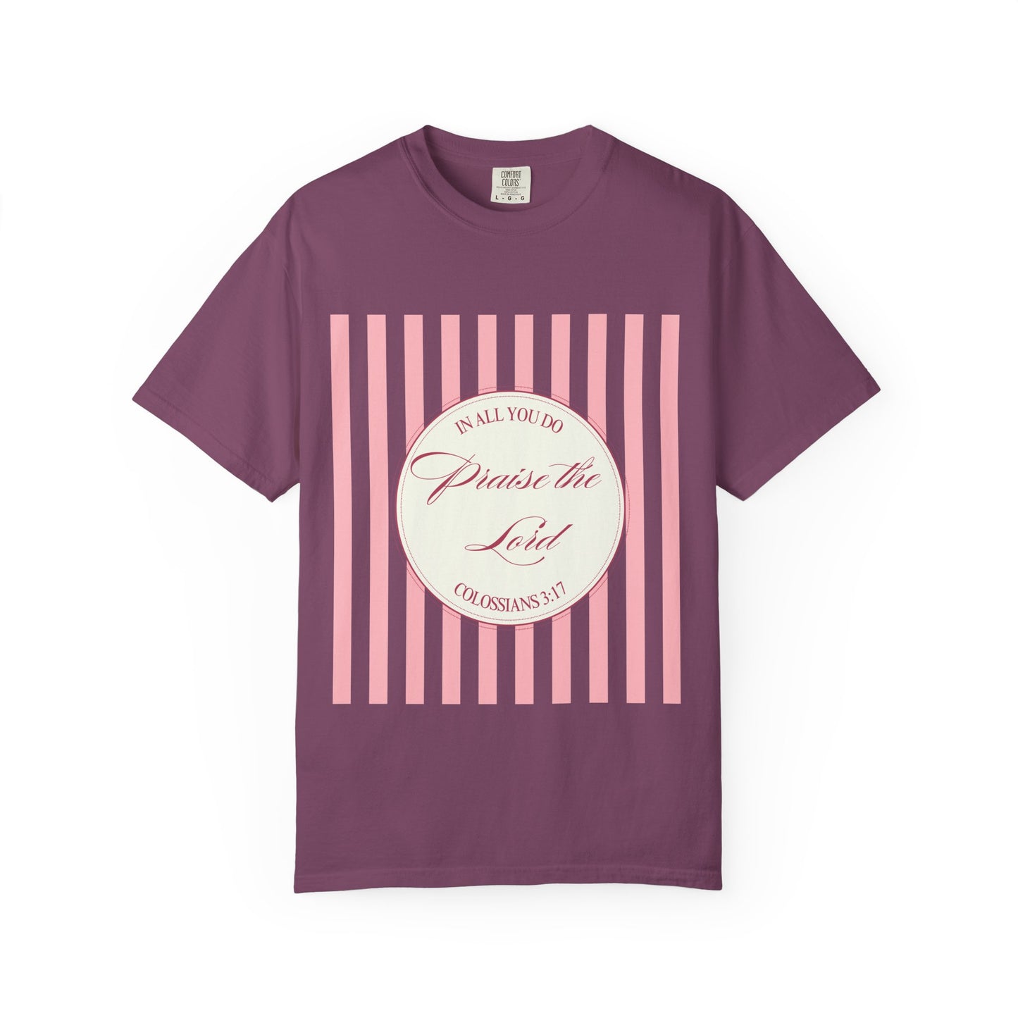Praise the Lord T-Shirt — Pink Striped Christian Faith Tee (Colossians 3:17)