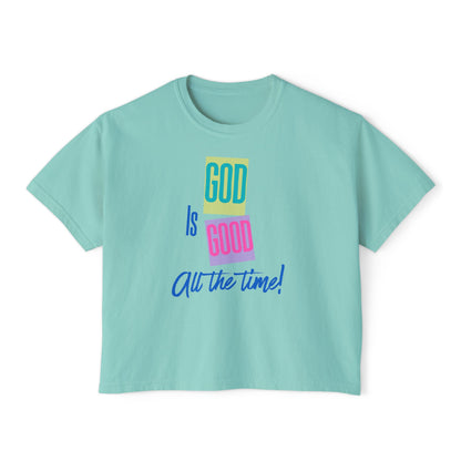 Women’s Boxy Tee — "God Is Good All the Time" Colorblock Faith Graphic