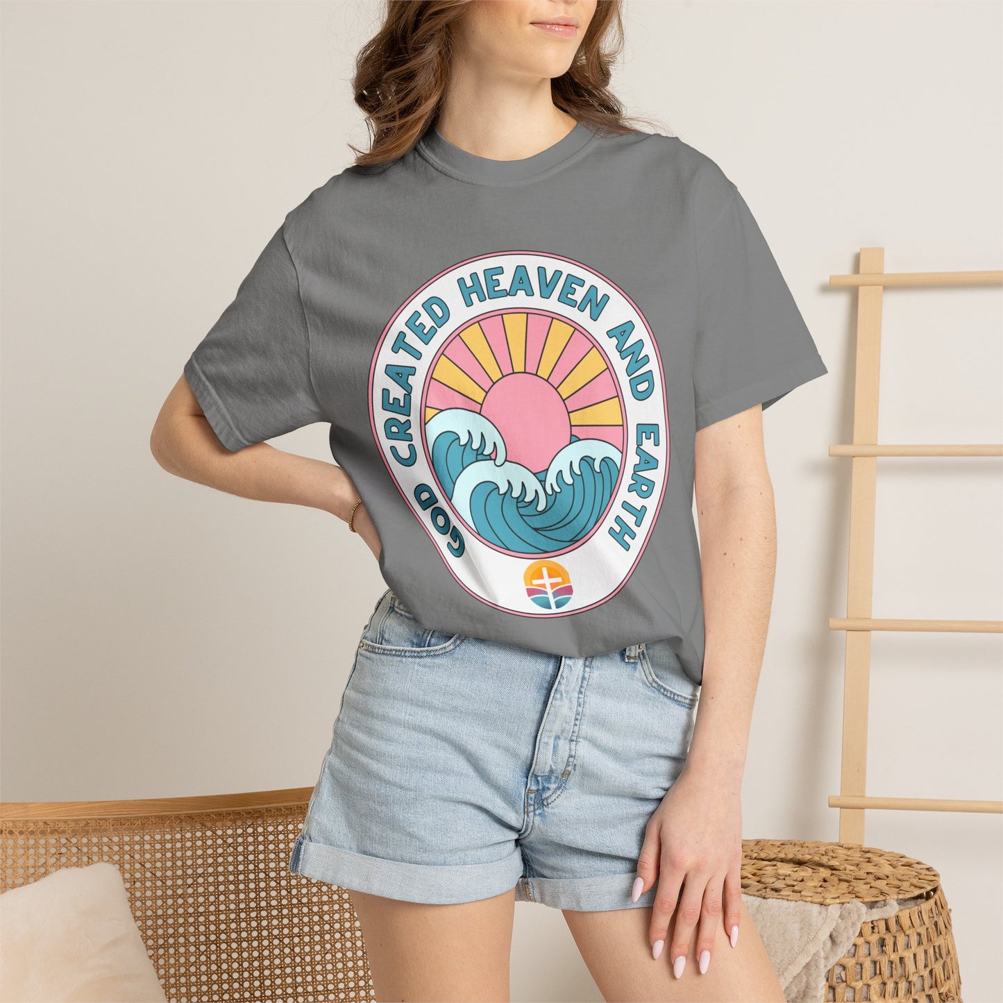 Faith Sunrise T-Shirt — "God Created Heaven and Earth" Retro Wave Tee