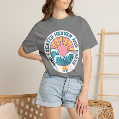 Faith Sunrise T-Shirt — "God Created Heaven and Earth" Retro Wave Tee