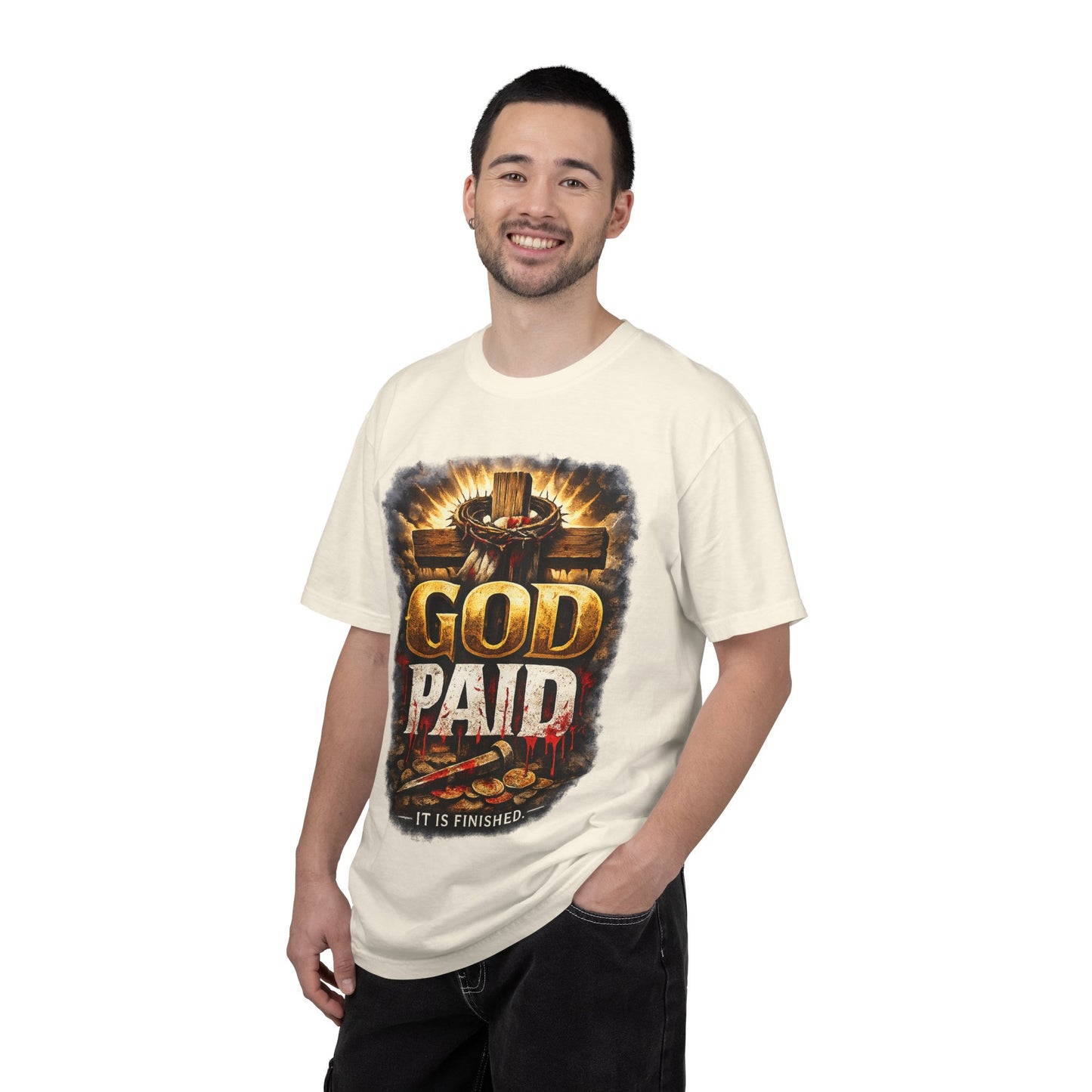 Christian T-Shirt "God Paid — It Is Finished" | Cross & Resurrection Faith Tee
