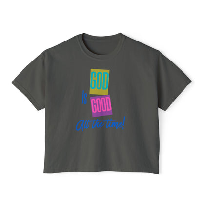 Women’s Boxy Tee — "God Is Good All the Time" Colorblock Faith Graphic