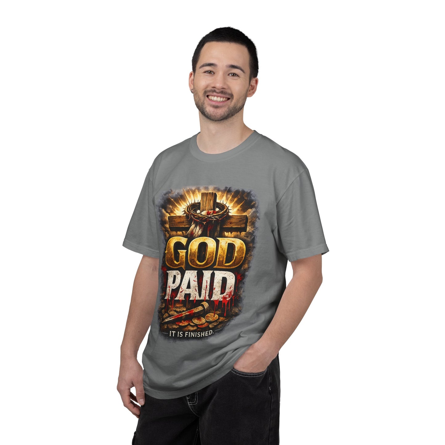 Christian T-Shirt "God Paid — It Is Finished" | Cross & Resurrection Faith Tee