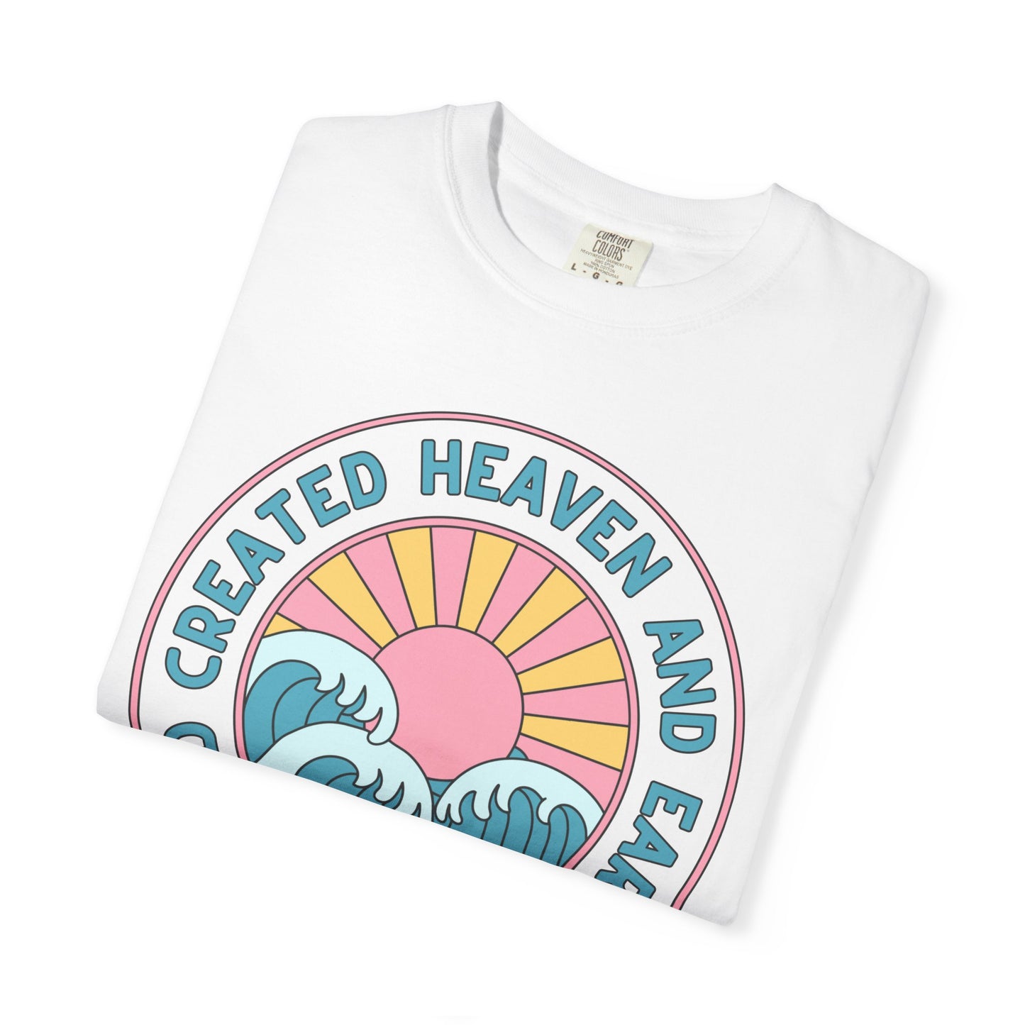 Faith Sunrise T-Shirt — "God Created Heaven and Earth" Retro Wave Tee