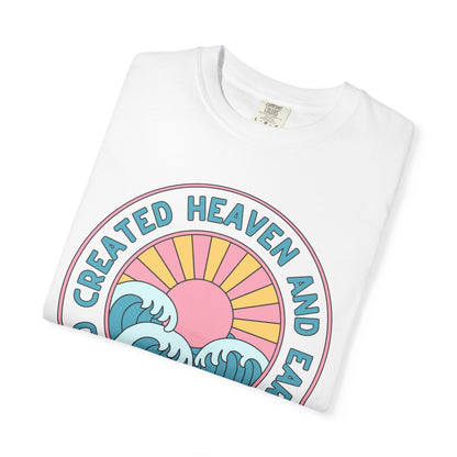 Faith Sunrise T-Shirt — "God Created Heaven and Earth" Retro Wave Tee