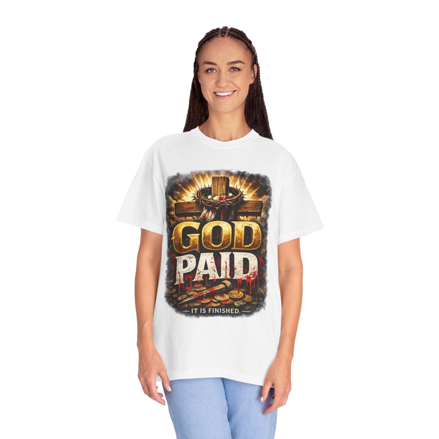 Christian T-Shirt "God Paid — It Is Finished" | Cross & Resurrection Faith Tee