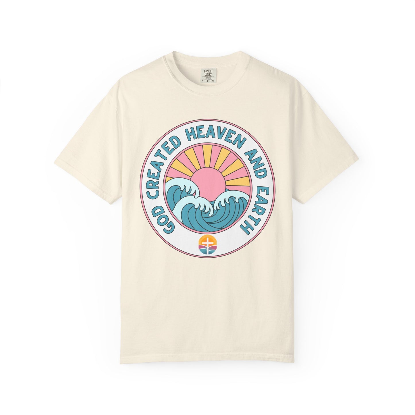 Faith Sunrise T-Shirt — "God Created Heaven and Earth" Retro Wave Tee