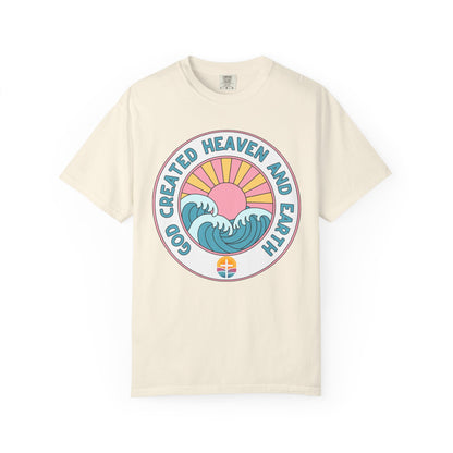 Faith Sunrise T-Shirt — "God Created Heaven and Earth" Retro Wave Tee