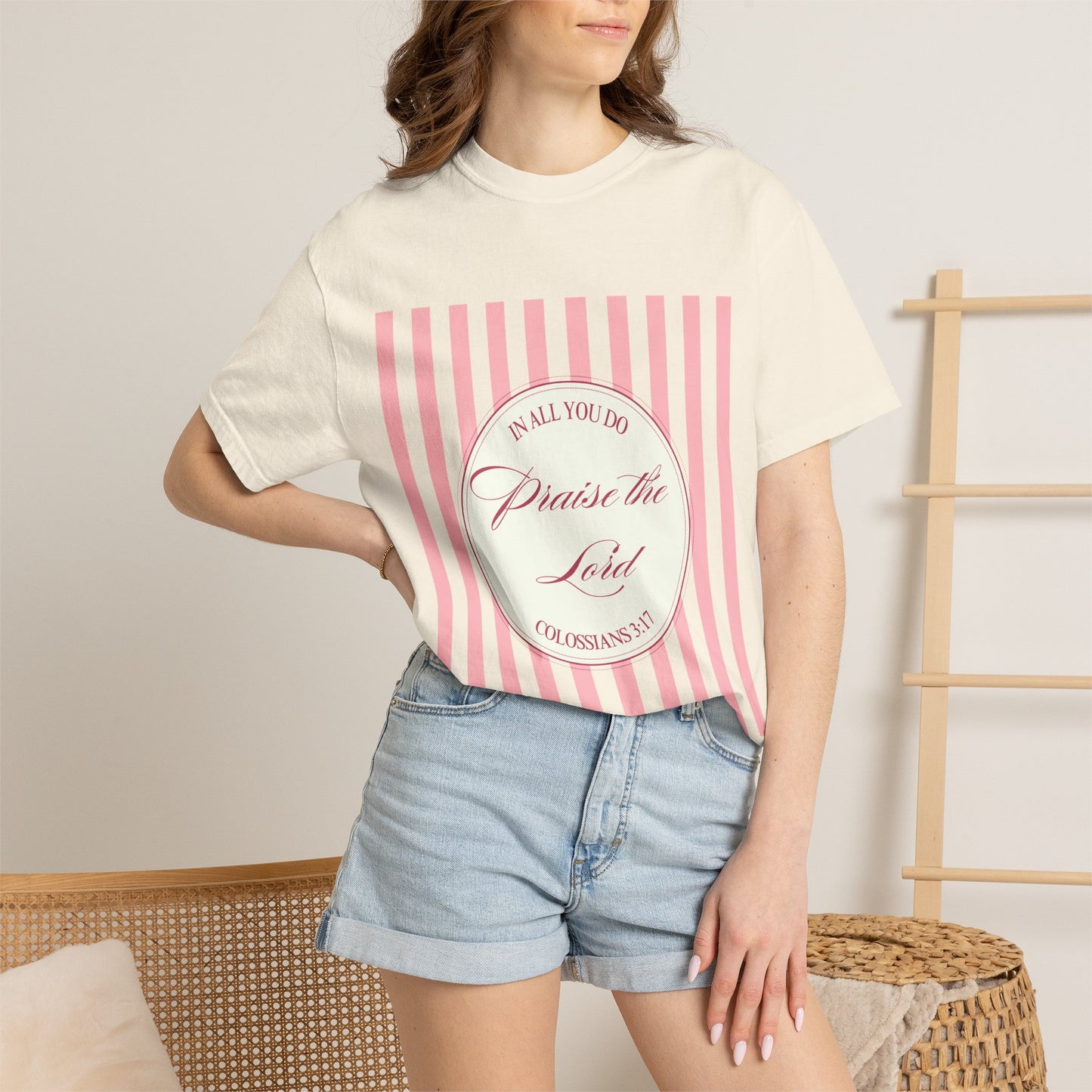 Praise the Lord T-Shirt — Pink Striped Christian Faith Tee (Colossians 3:17)