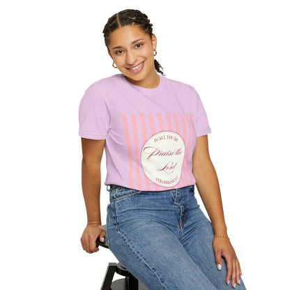 Praise the Lord T-Shirt — Pink Striped Christian Faith Tee (Colossians 3:17)