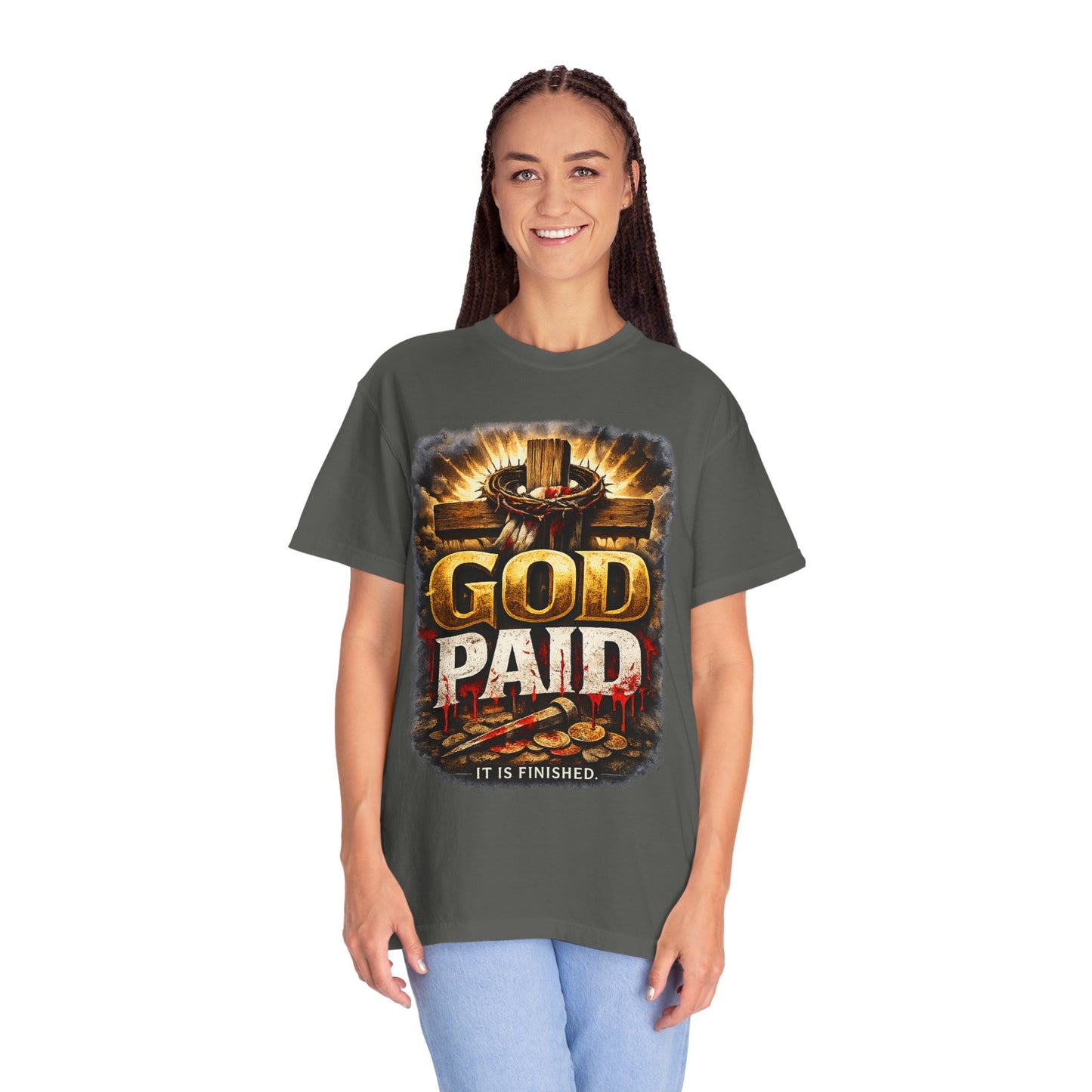 Christian T-Shirt "God Paid — It Is Finished" | Cross & Resurrection Faith Tee