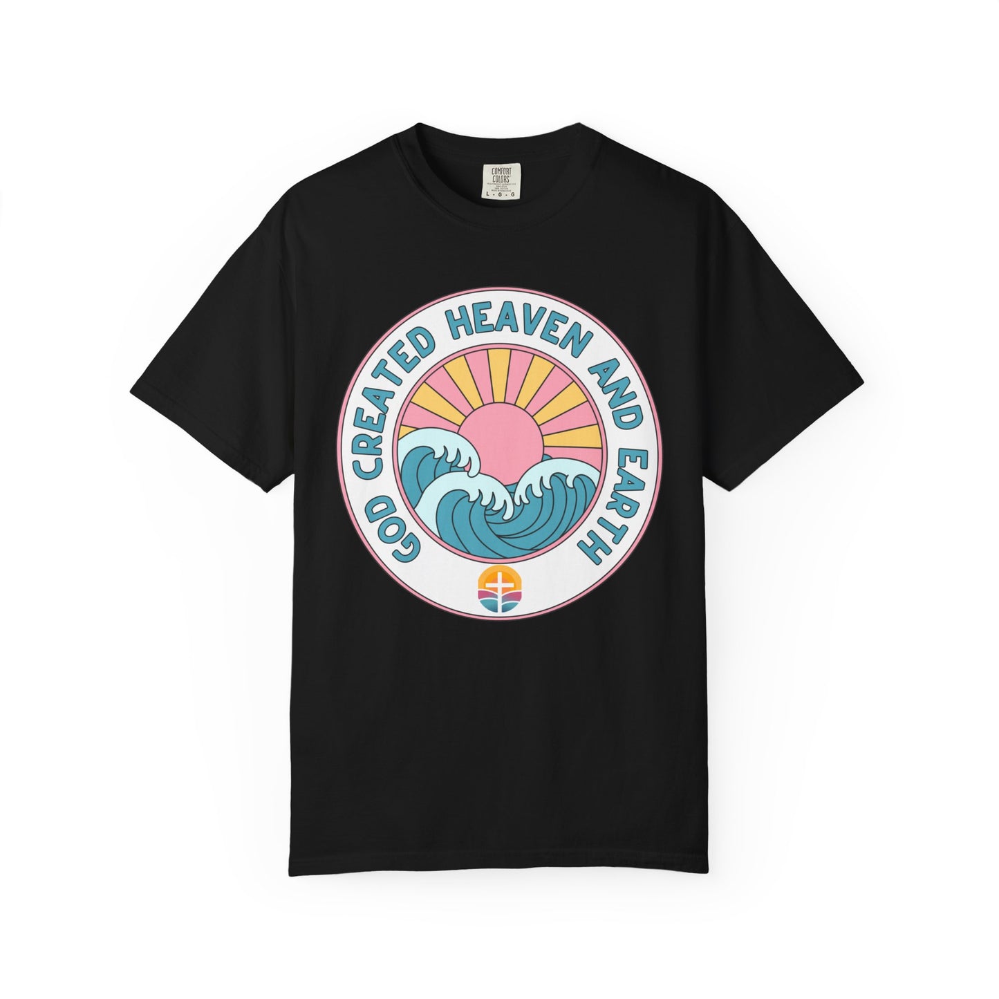 Faith Sunrise T-Shirt — "God Created Heaven and Earth" Retro Wave Tee