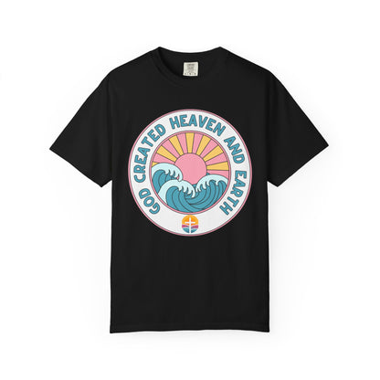 Faith Sunrise T-Shirt — "God Created Heaven and Earth" Retro Wave Tee