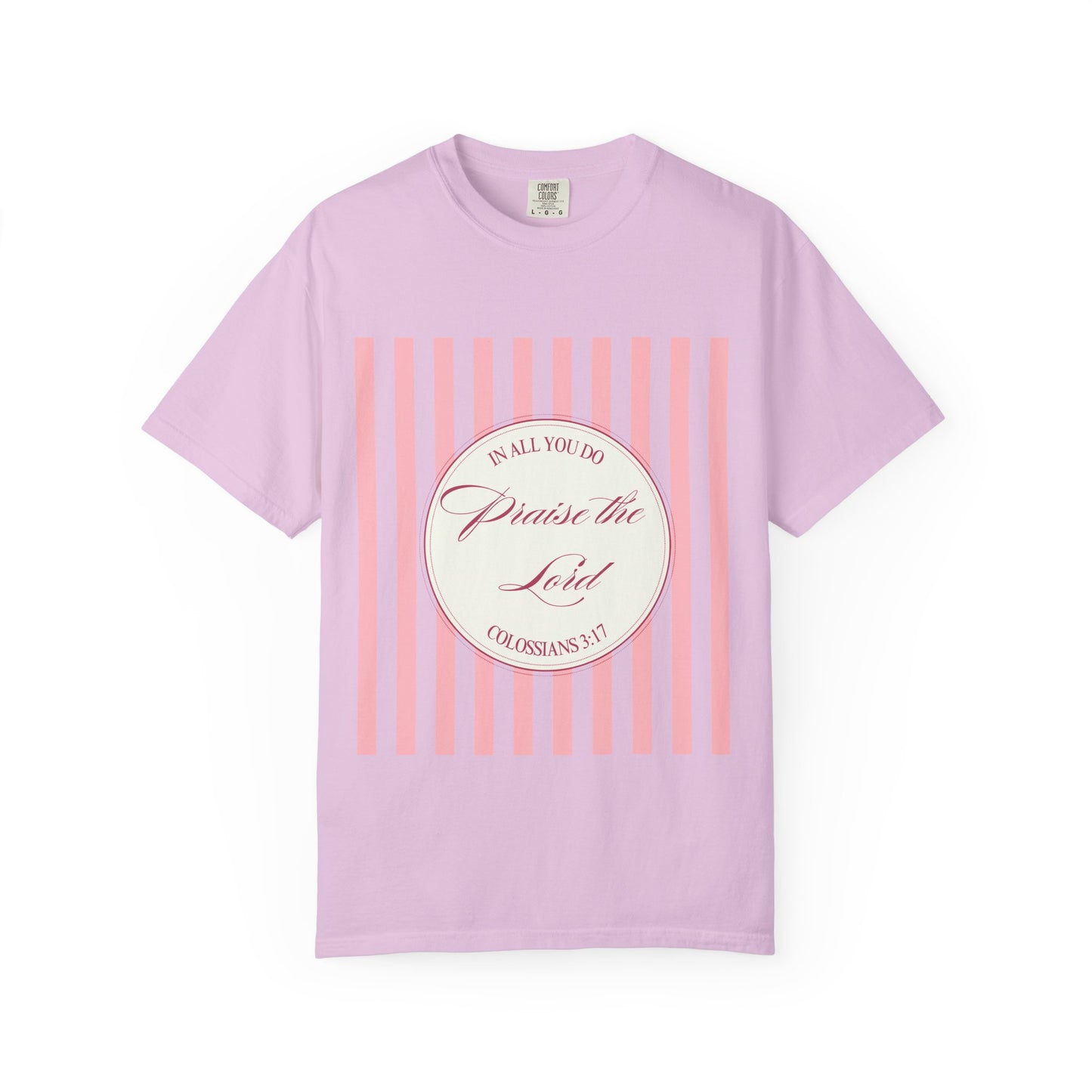 Praise the Lord T-Shirt — Pink Striped Christian Faith Tee (Colossians 3:17)