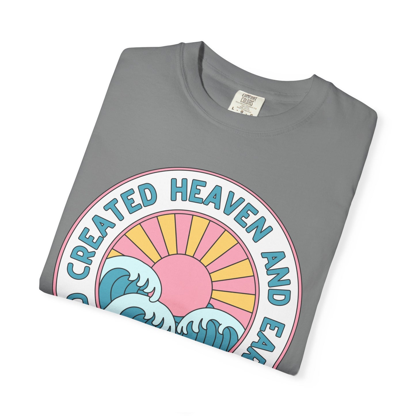 Faith Sunrise T-Shirt — "God Created Heaven and Earth" Retro Wave Tee