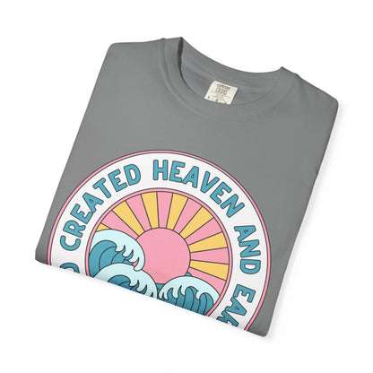 Faith Sunrise T-Shirt — "God Created Heaven and Earth" Retro Wave Tee