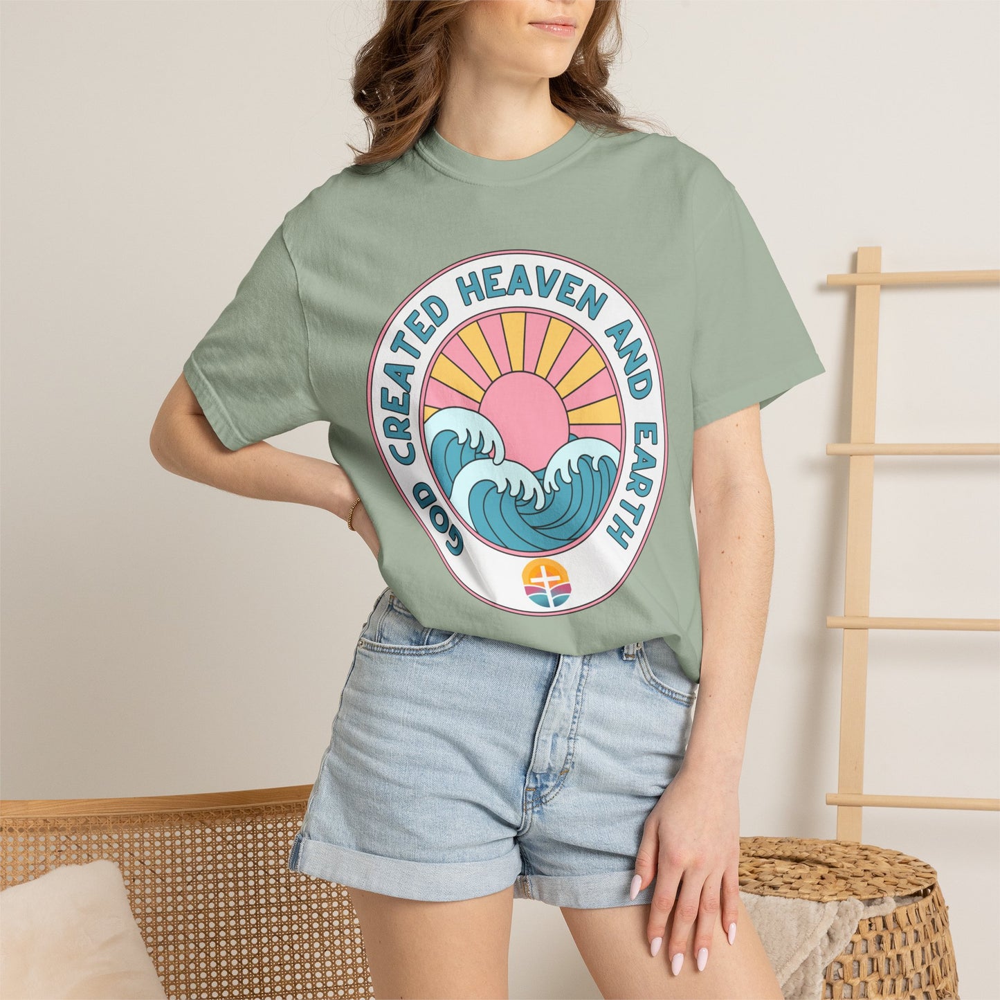 Faith Sunrise T-Shirt — "God Created Heaven and Earth" Retro Wave Tee