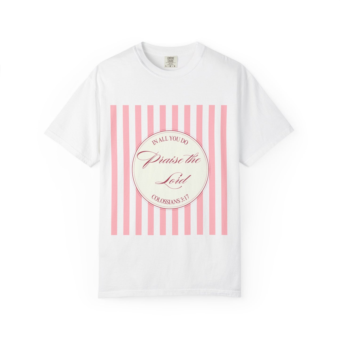 Praise the Lord T-Shirt — Pink Striped Christian Faith Tee (Colossians 3:17)