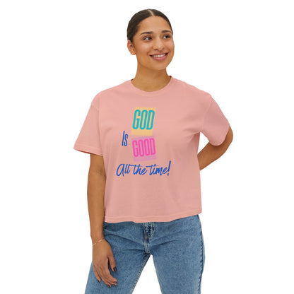 Women’s Boxy Tee — "God Is Good All the Time" Colorblock Faith Graphic