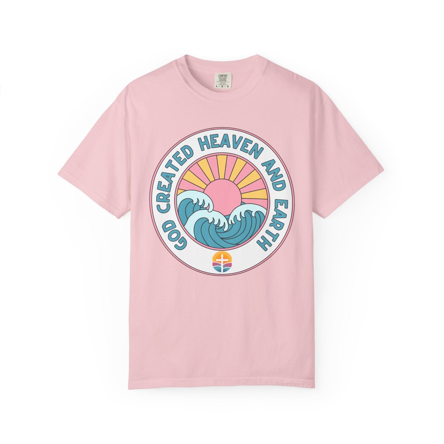 Faith Sunrise T-Shirt — "God Created Heaven and Earth" Retro Wave Tee