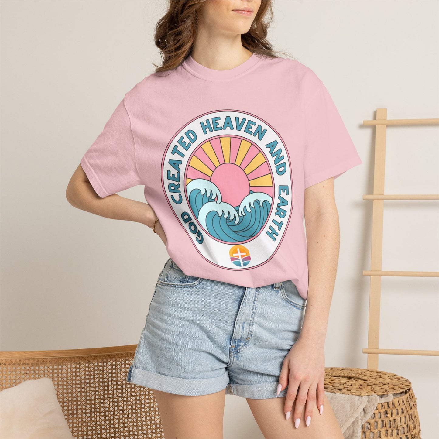 Faith Sunrise T-Shirt — "God Created Heaven and Earth" Retro Wave Tee