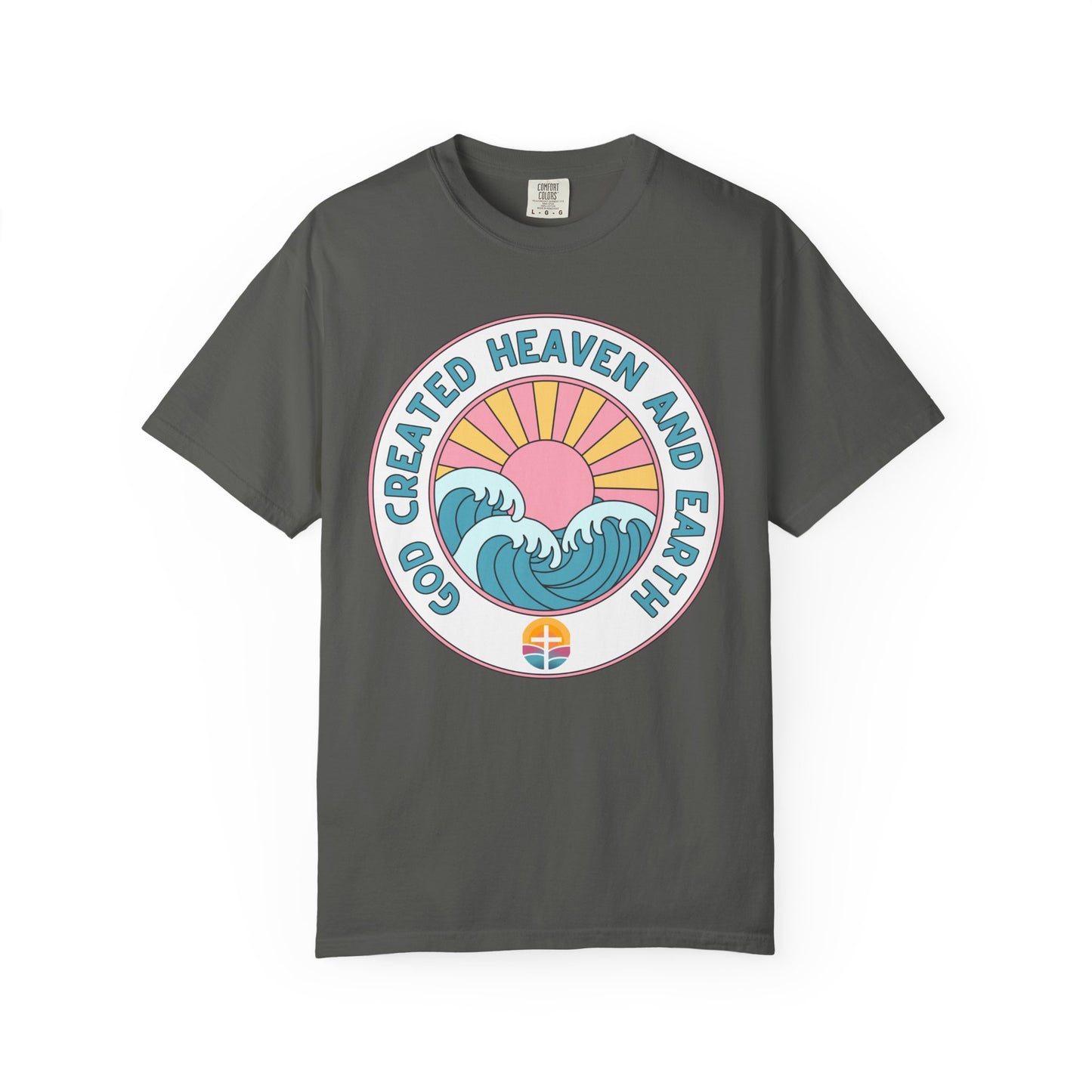Faith Sunrise T-Shirt — "God Created Heaven and Earth" Retro Wave Tee