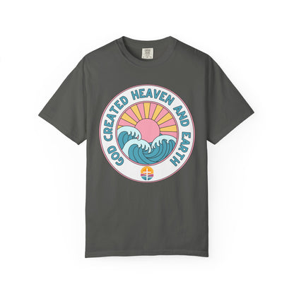 Faith Sunrise T-Shirt — "God Created Heaven and Earth" Retro Wave Tee