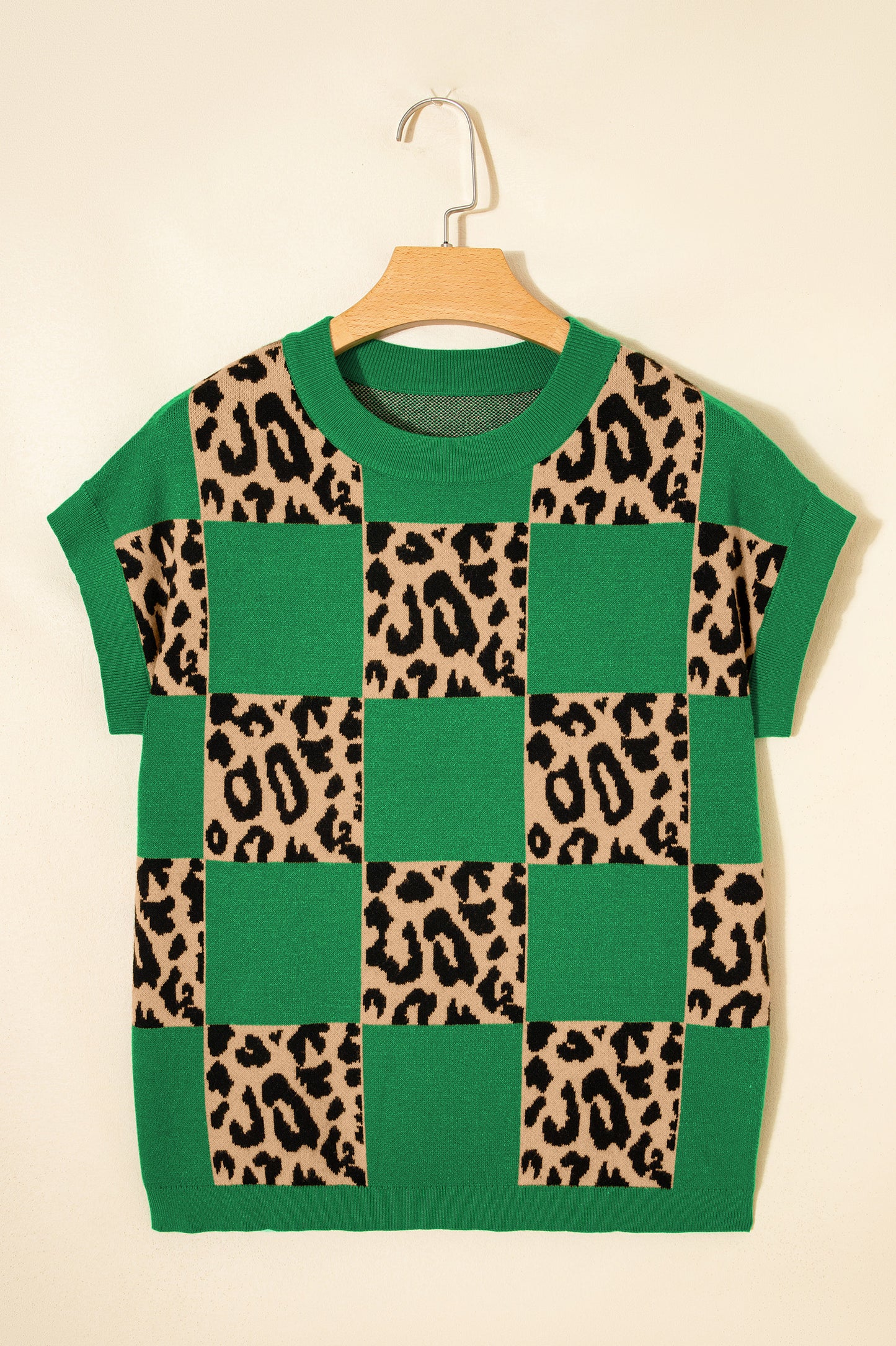 Red Leopard Checkerboard Short Sleeve Knit Sweater