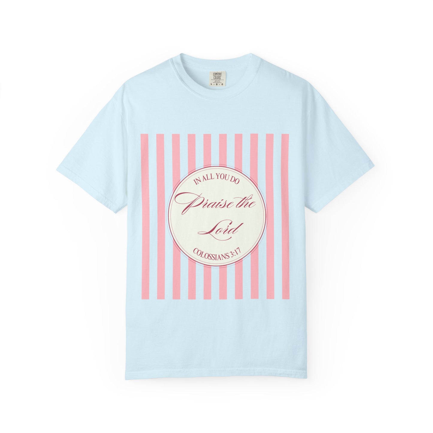 Praise the Lord T-Shirt — Pink Striped Christian Faith Tee (Colossians 3:17)