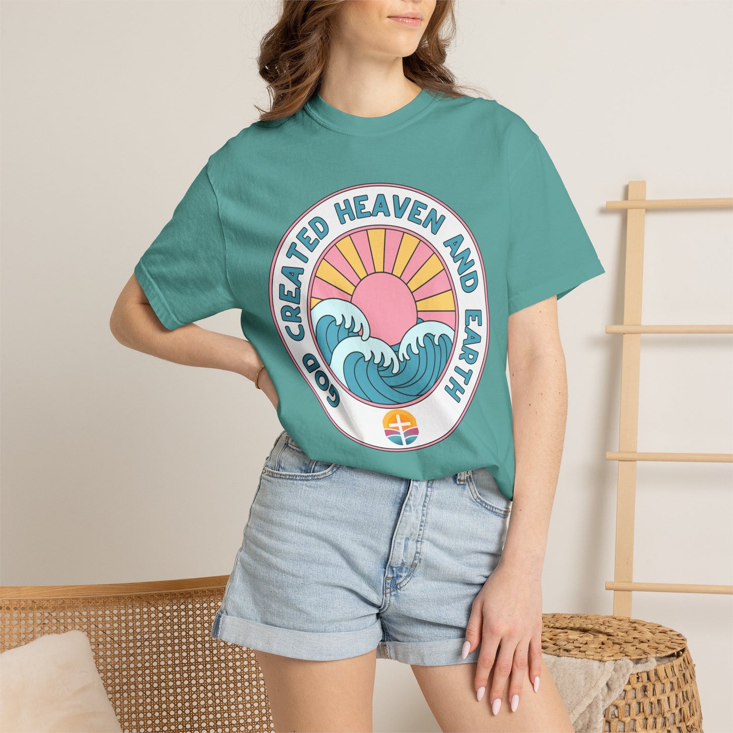 Faith Sunrise T-Shirt — "God Created Heaven and Earth" Retro Wave Tee