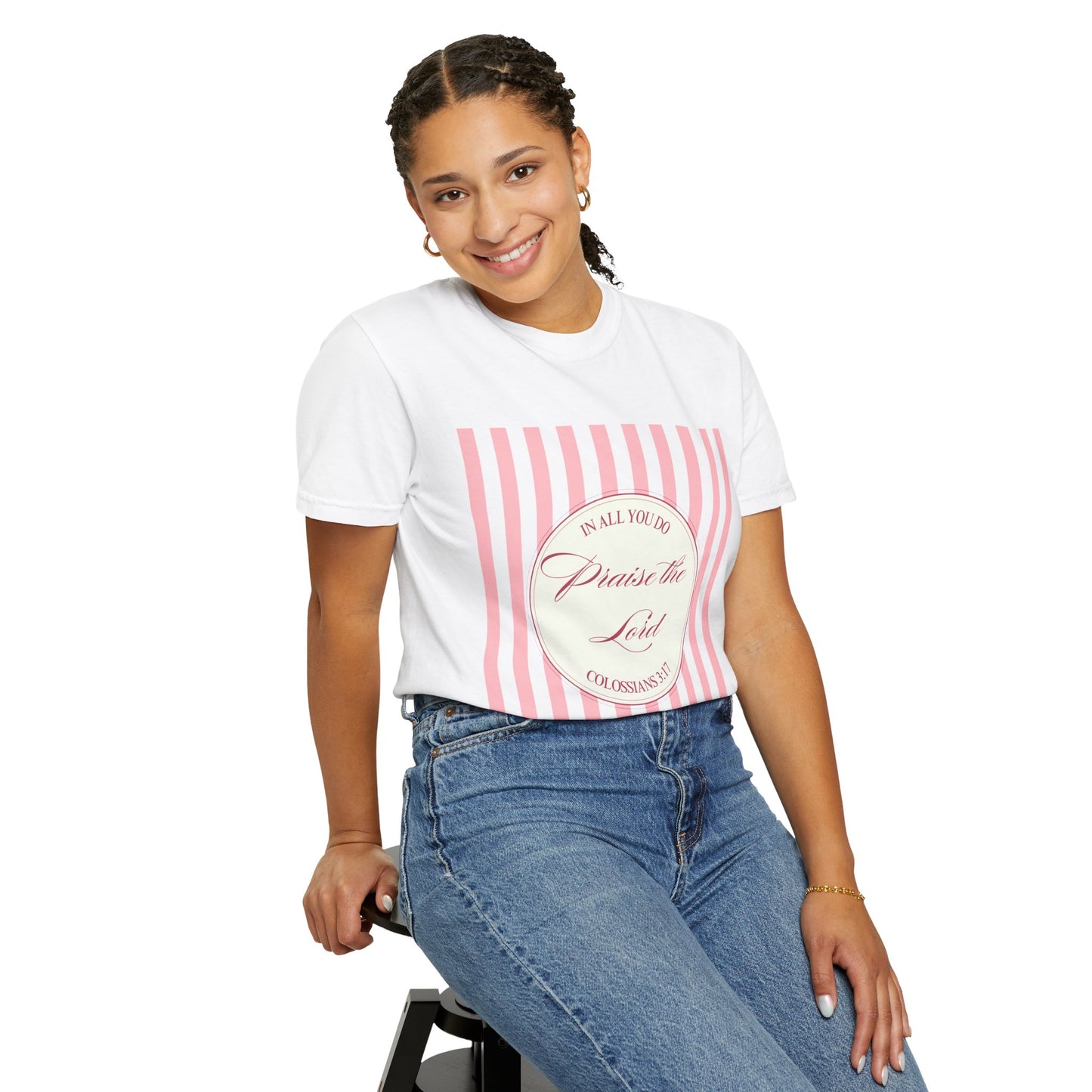 Praise the Lord T-Shirt — Pink Striped Christian Faith Tee (Colossians 3:17)