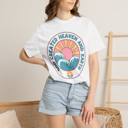 Faith Sunrise T-Shirt — "God Created Heaven and Earth" Retro Wave Tee