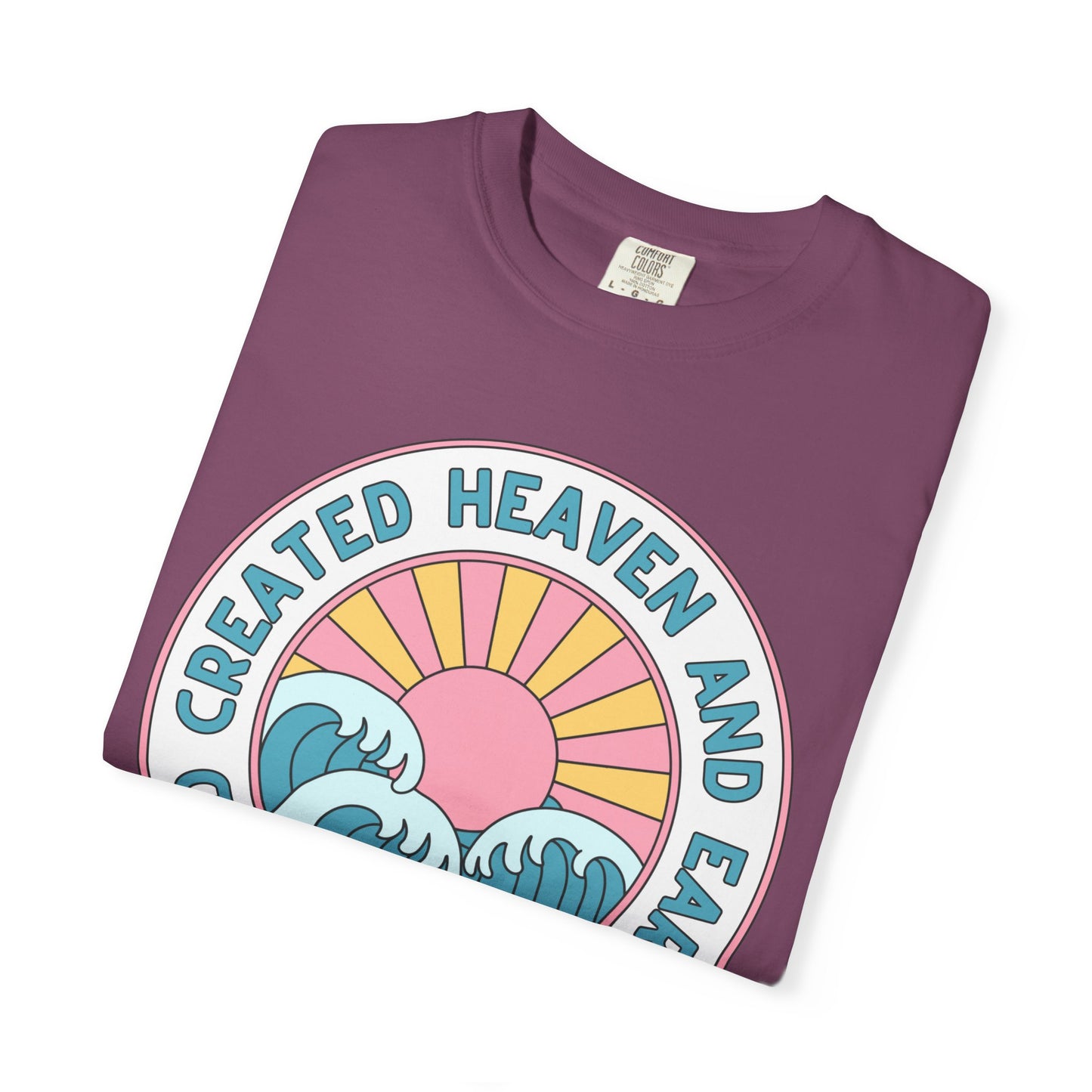 Faith Sunrise T-Shirt — "God Created Heaven and Earth" Retro Wave Tee